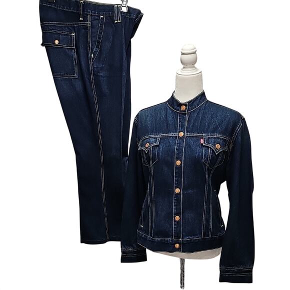 Levi's Strauss Women Classic Dark Denim with Yellow Stitch Jacket and Jeans Set - Picture 1 of 16